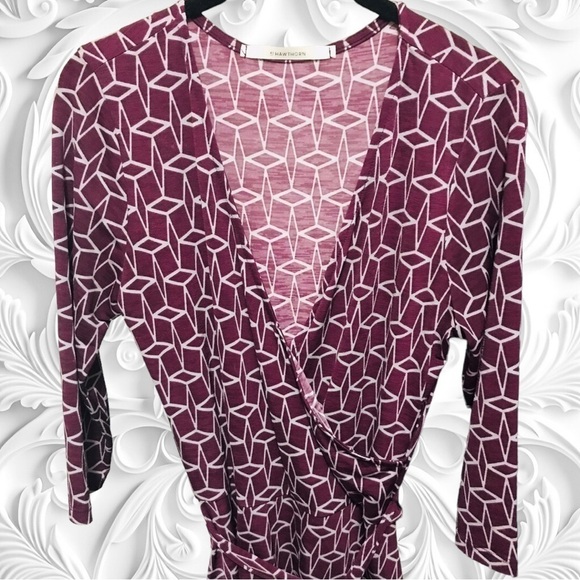 41 Hawthorn Purple White Geometric Design Faux Wrap Midi/Knee Length Dress - Picture 2 of 4